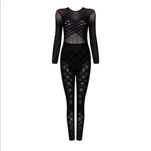 Nude thread black mesh cross jumpsuit